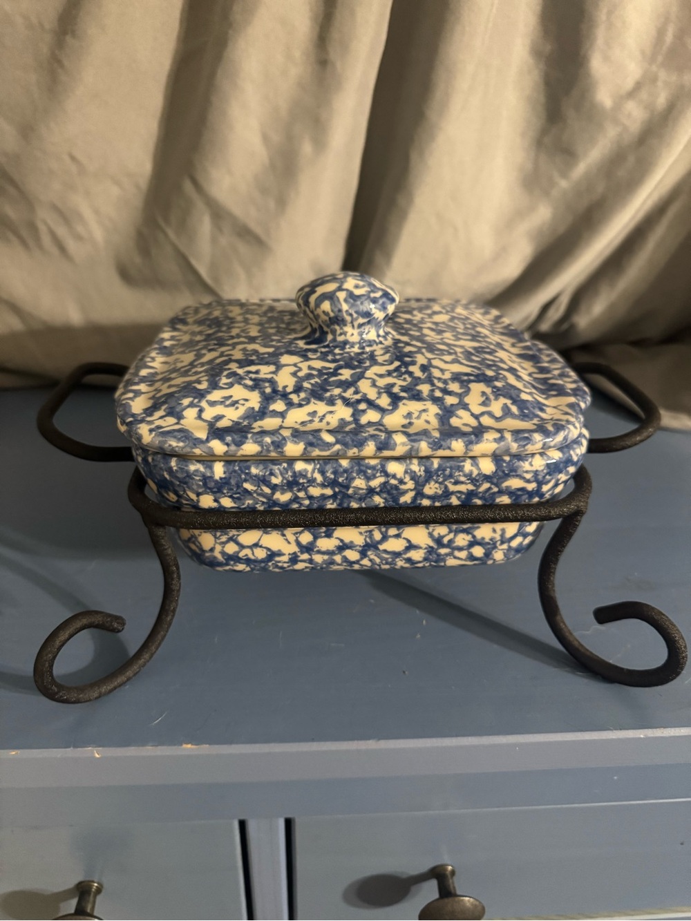 Blue and White Spatterware Covered Casserole with Iron Stand